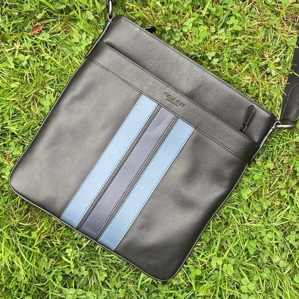 COACH Charles Crossbody Bag Varsity Black Leather Denim & Midnight Navy Stripe